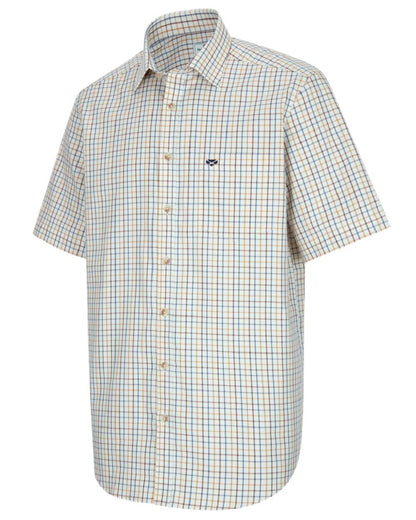 Brown Blue Coloured Hoggs of Fife Kessock Tattersall Short Sleeved Shirt on white background #colour_brown-blue