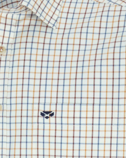 Brown Blue Coloured Hoggs of Fife Kessock Tattersall Short Sleeved Shirt on white background #colour_brown-blue