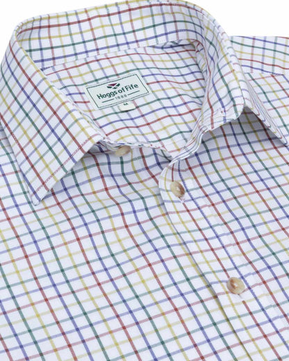 Green Red Coloured Hoggs of Fife Kessock Tattersall Short Sleeved Shirt on white background #colour_green-red