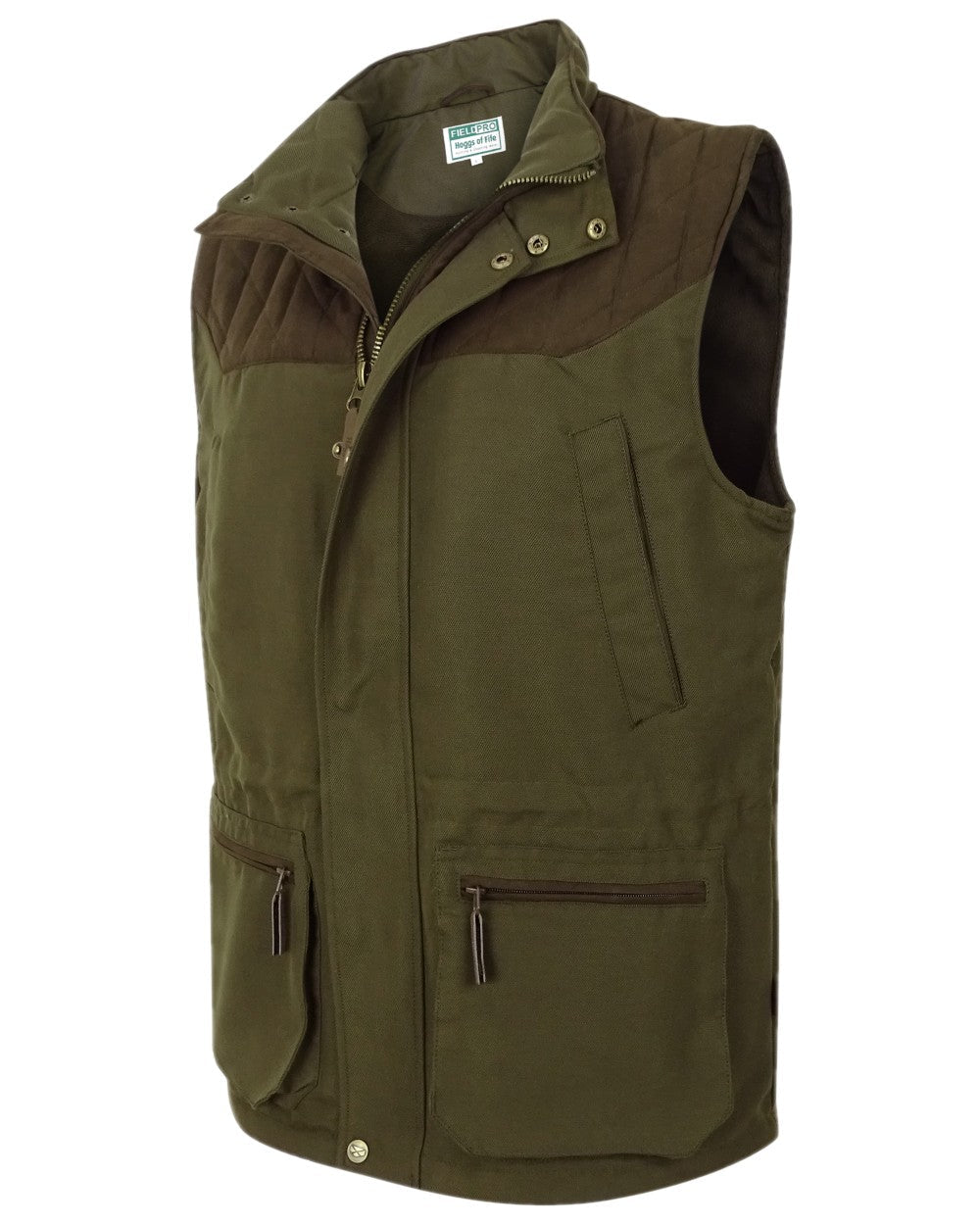 Olive Green Coloured Hoggs of Fife Kincraig Field Waistcoat on white background #colour_olive-green