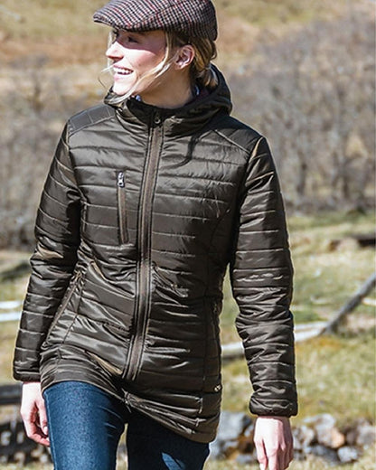Olive Merlot coloured Hoggs of Fife Kingston Ladies Hooded Jacket on countryside background #colour_olive-merlot