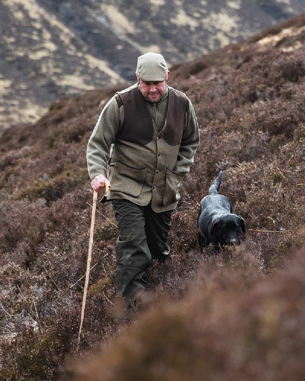 Autumn Bracken Coloured Hoggs of Fife Kinloch Technical Tweed Field Waistcoat on  mountain background #colour_autumn-bracken