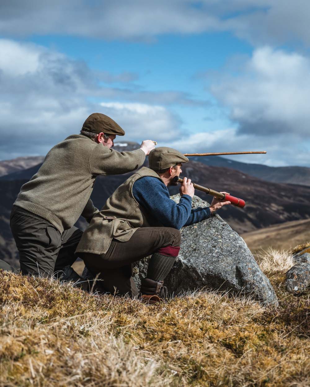 Autumn Bracken Coloured Hoggs of Fife Kinloch Technical Tweed Field Waistcoat on mountain background #colour_autumn-bracken
