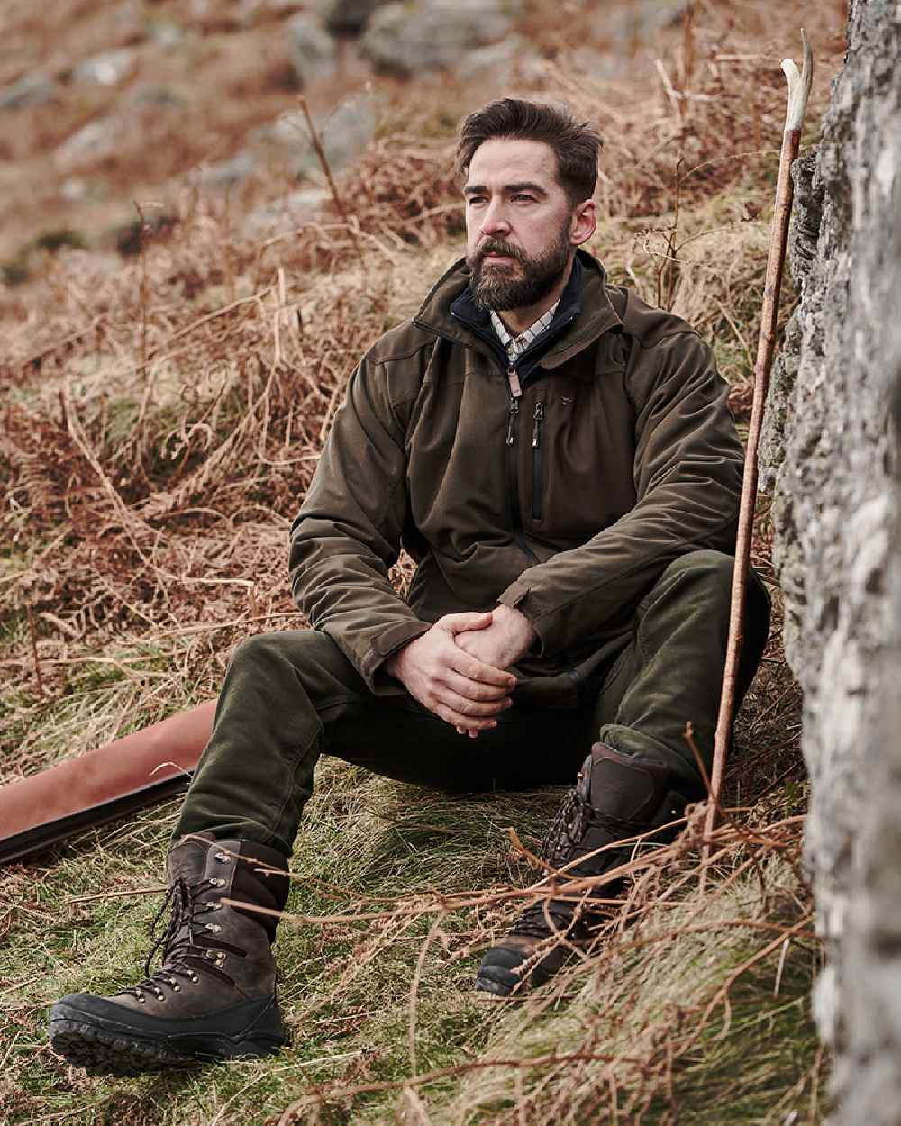 Green Brown Coloured Hoggs of Fife Kinross II Waterproof Field Jacket on mountain background #colour_green-brown