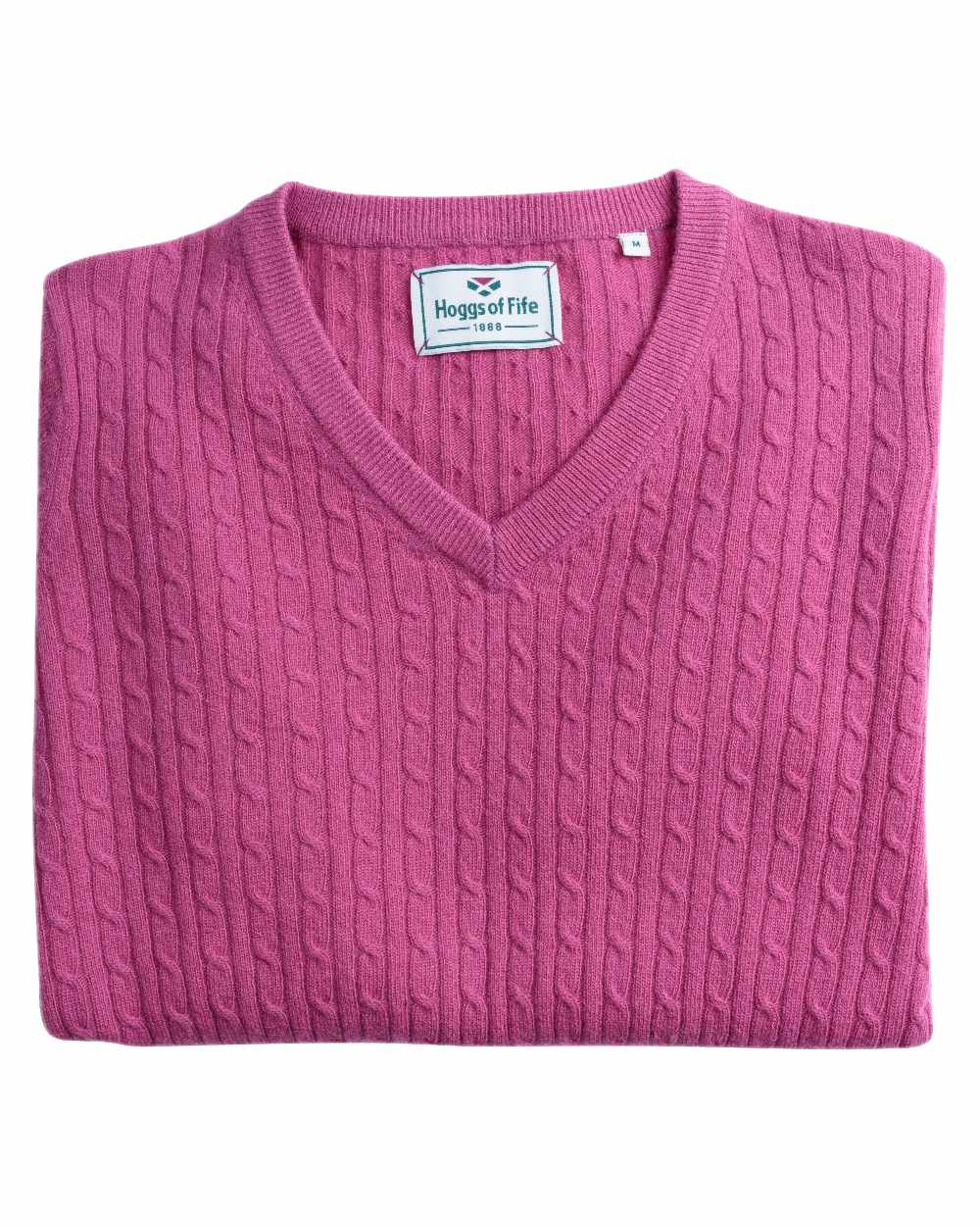 Cerise Coloured Hoggs of Fife Lauder Ladies Cable Pullover on white background #colour_cerise