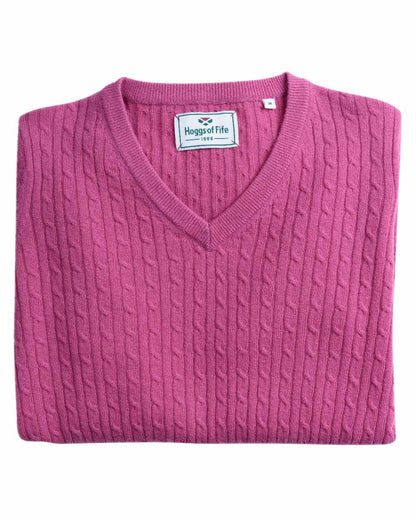 Cerise Coloured Hoggs of Fife Lauder Ladies Cable Pullover on white background #colour_cerise