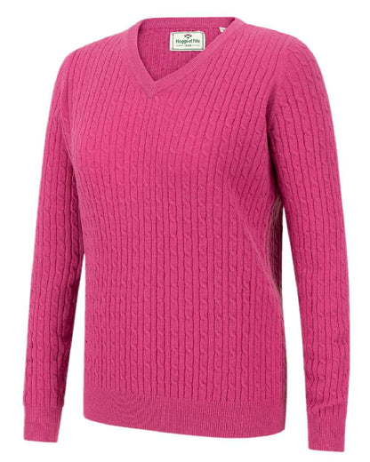 Cerise Coloured Hoggs of Fife Lauder Ladies Cable Pullover on white background #colour_cerise