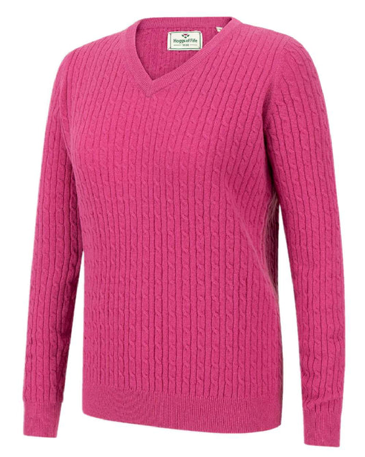 Cerise Coloured Hoggs of Fife Lauder Ladies Cable Pullover on white background #colour_cerise