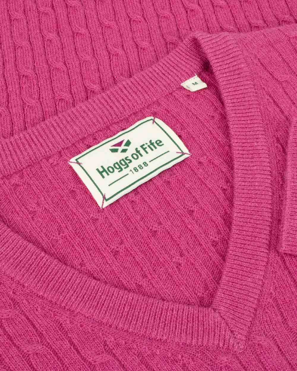 Cerise Coloured Hoggs of Fife Lauder Ladies Cable Pullover on white background #colour_cerise