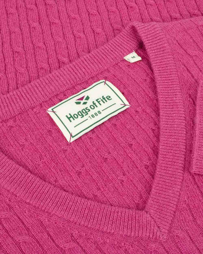 Cerise Coloured Hoggs of Fife Lauder Ladies Cable Pullover on white background #colour_cerise
