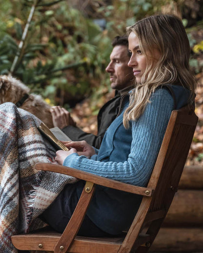 Grey Coloured Hoggs of Fife Lauder Ladies Cable Pullover on outdoor background #colour_grey