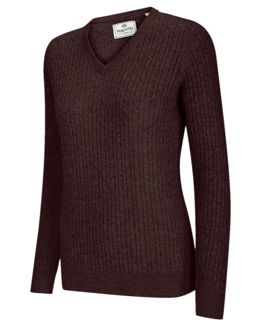 Redwood Coloured Hoggs of Fife Lauder Ladies Cable Pullover on white background #colour_redwood