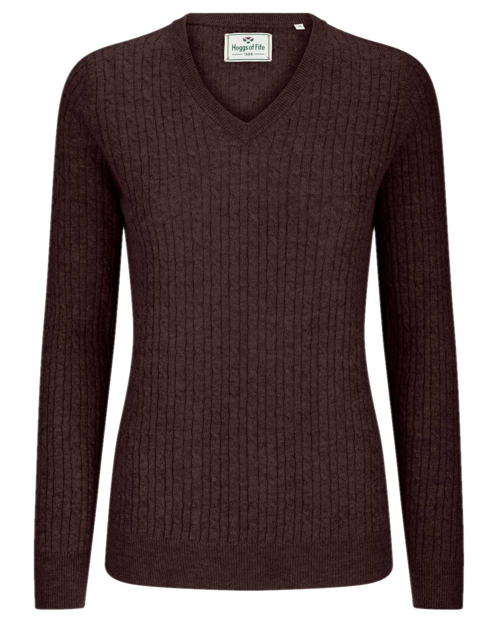Redwood Coloured Hoggs of Fife Lauder Ladies Cable Pullover on white background #colour_redwood