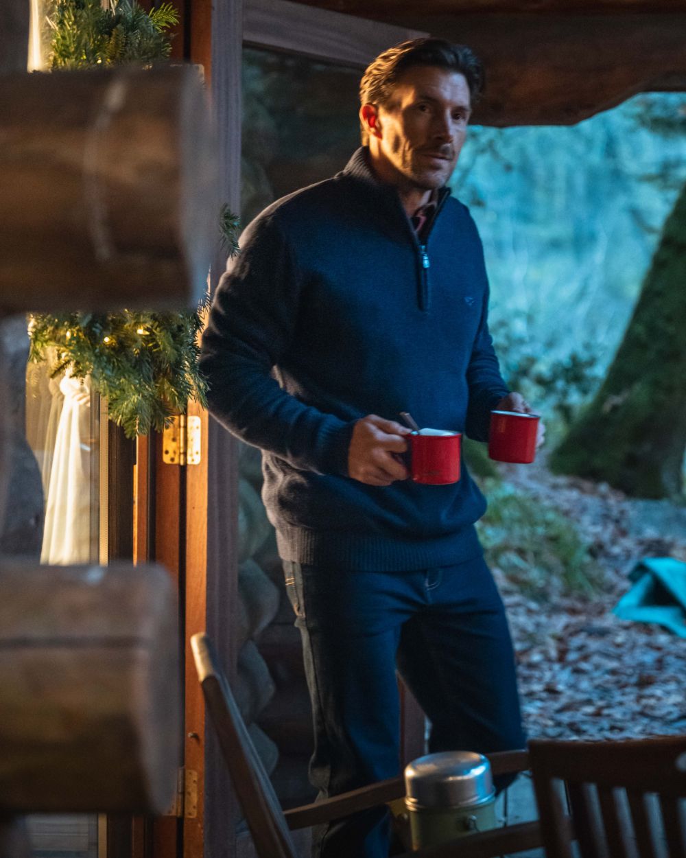 Navy Marl Coloured Hoggs of Fife Lothian II Quarter Zip Pullover on outdoor background #colour_navy-marl