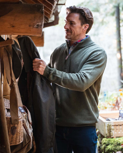 Olive Marl Coloured Hoggs of Fife Lothian II Quarter Zip Pullover on outdoor background #colour_olive-marl