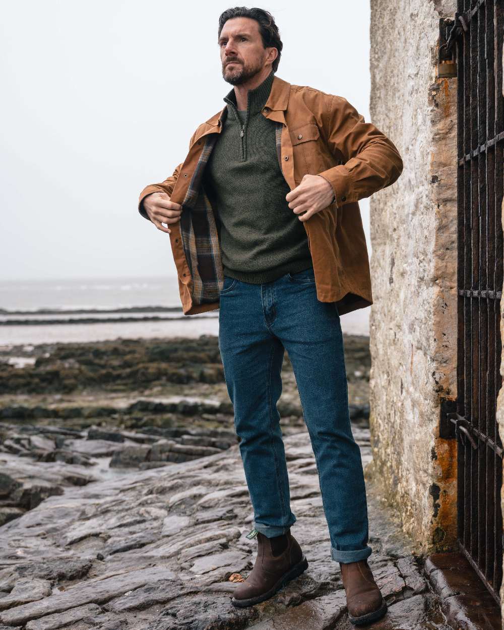 Olive Marl Coloured Hoggs of Fife Lothian II Quarter Zip Pullover on outdoor background #colour_olive-marl