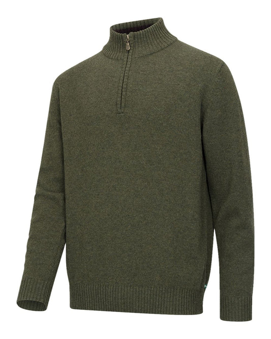 Olive Marl Coloured Hoggs of Fife Lothian II Quarter Zip Pullover on white background #colour_olive-marl