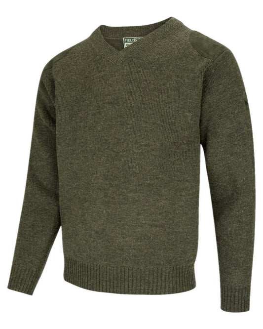 Loden Coloured Hoggs of Fife Melrose V-Neck Hunting Pullover on white background #colour_loden