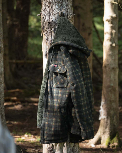 Green Coloured Hoggs of Fife Mens Caithness Hooded Fleece Shacket on outdoor background #colour_green