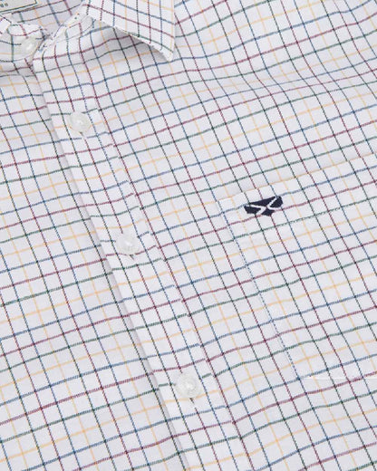 Green Gold Coloured Hoggs of Fife Mens Callum Short Sleeve Tattersall Shirt on white background #colour_green-gold