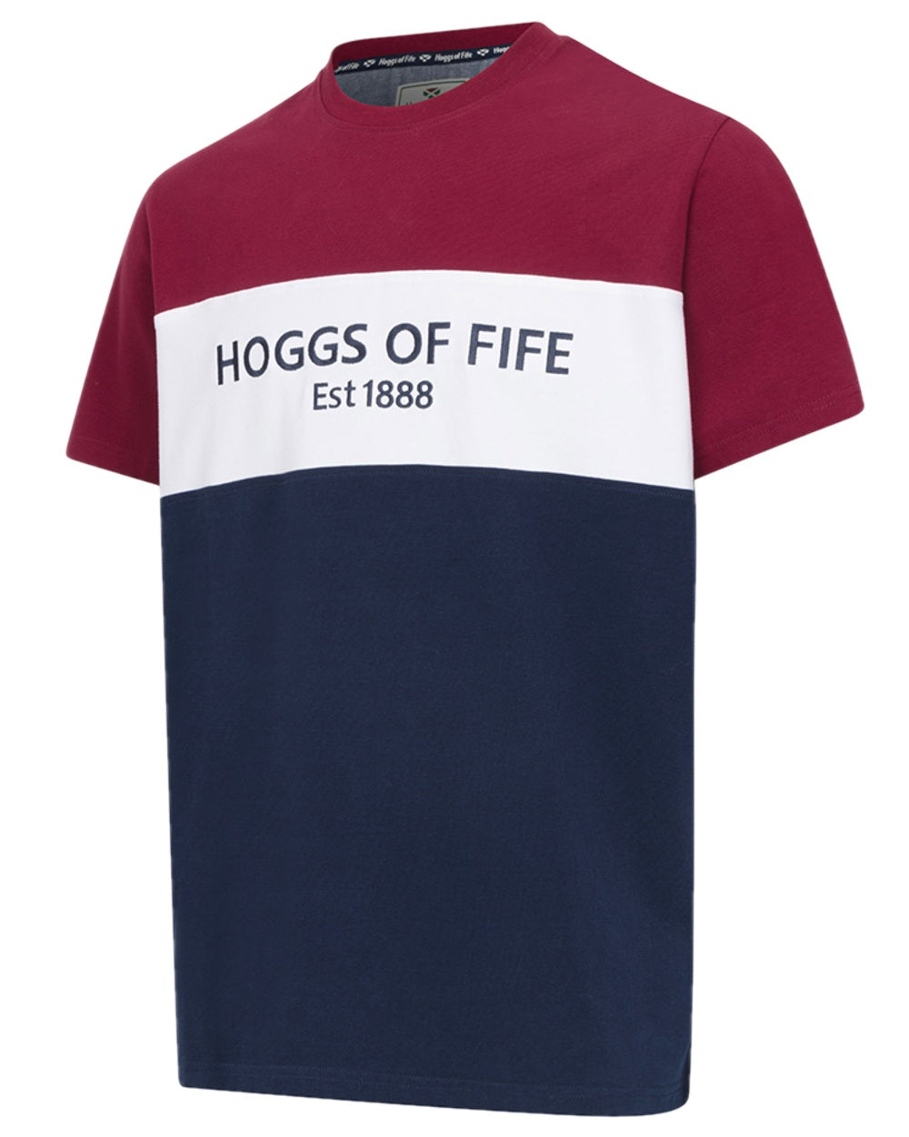 Burgundy White Navy Coloured Hoggs of Fife Mens Dalbeattie Colour Block T-Shirt on white background #colour_burgundy-white-navy