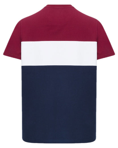 Burgundy White Navy Coloured Hoggs of Fife Mens Dalbeattie Colour Block T-Shirt on white background #colour_burgundy-white-navy