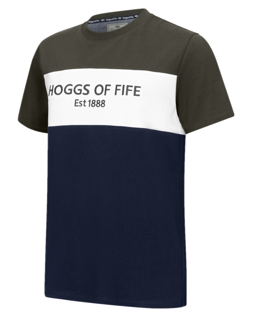 Forest White Navy Coloured Hoggs of Fife Mens Dalbeattie Colour Block T-Shirt on white background #colour_forest-white-navy