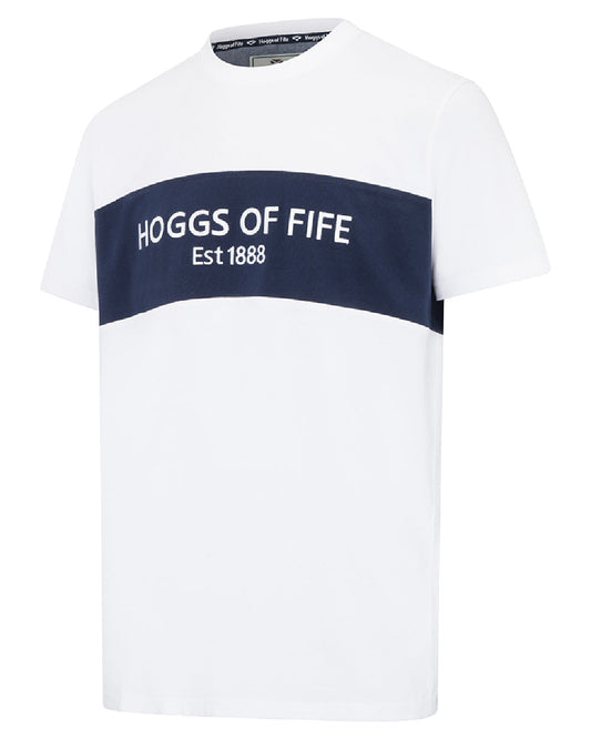White Navy White Coloured Hoggs of Fife Mens Dalbeattie Colour Block T-Shirt on white background #colour_white-navy-white
