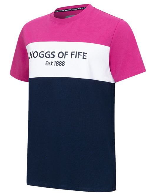 Berry White Navy Coloured Hoggs of Fife Mens Darcie Colour Block T-Shirt on white background #colour_berry-white-navy