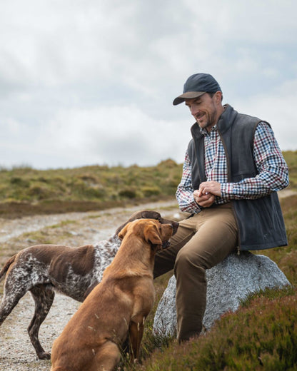 Navy Red Olive Coloured Hoggs of Fife Mens Douglas Twill Shirt on outdoor background #colour_navy-red-olive