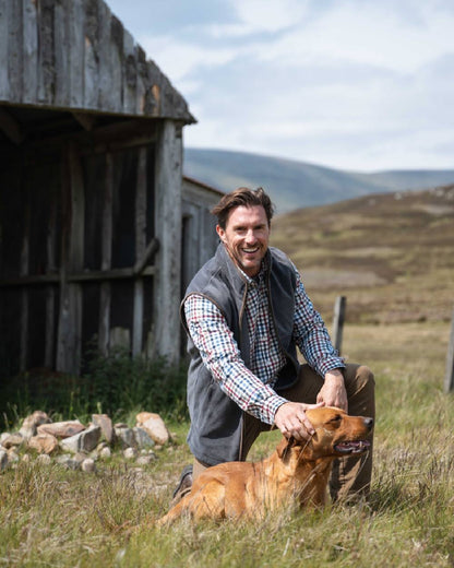 Navy Red Olive Coloured Hoggs of Fife Mens Douglas Twill Shirt on outdoor background #colour_navy-red-olive