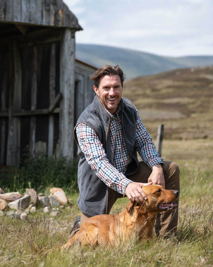 Navy Red Olive Coloured Hoggs of Fife Mens Douglas Twill Shirt on outdoor background #colour_navy-red-olive