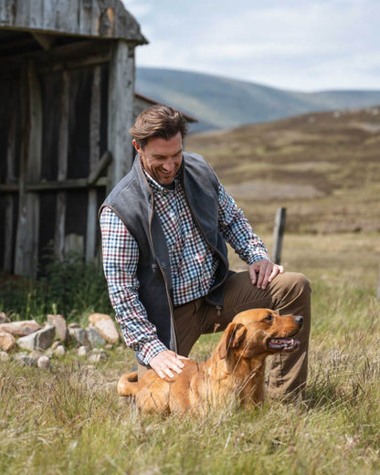 Navy Red Olive Coloured Hoggs of Fife Mens Douglas Twill Shirt on outdoor background #colour_navy-red-olive