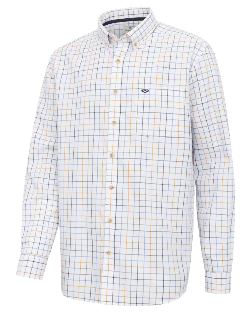 Blue Green Gold coloured Hoggs of Fife Mens Fernie Bamboo Shirt on white background #colour_blue-green-gold