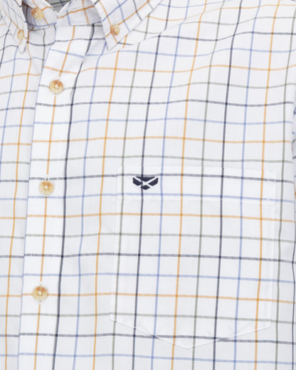 Blue Green Gold coloured Hoggs of Fife Mens Fernie Bamboo Shirt on white background #colour_blue-green-gold