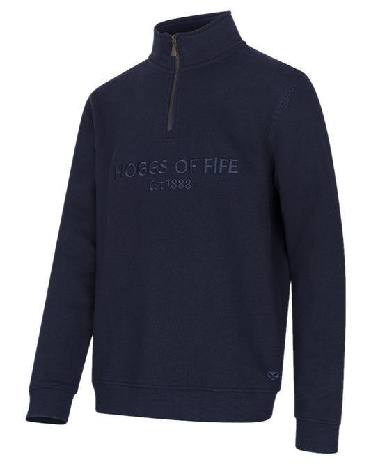 Navy Coloured Hoggs of Fife Mens Galloway 1888 Plain Quarter Zip Sweatshirt on white background #colour_navy