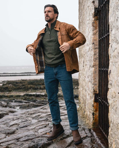 Caramel coloured Hoggs of Fife Mens Huntly Waxed Canvas Utility Overshirt on coastal background #colour_caramel