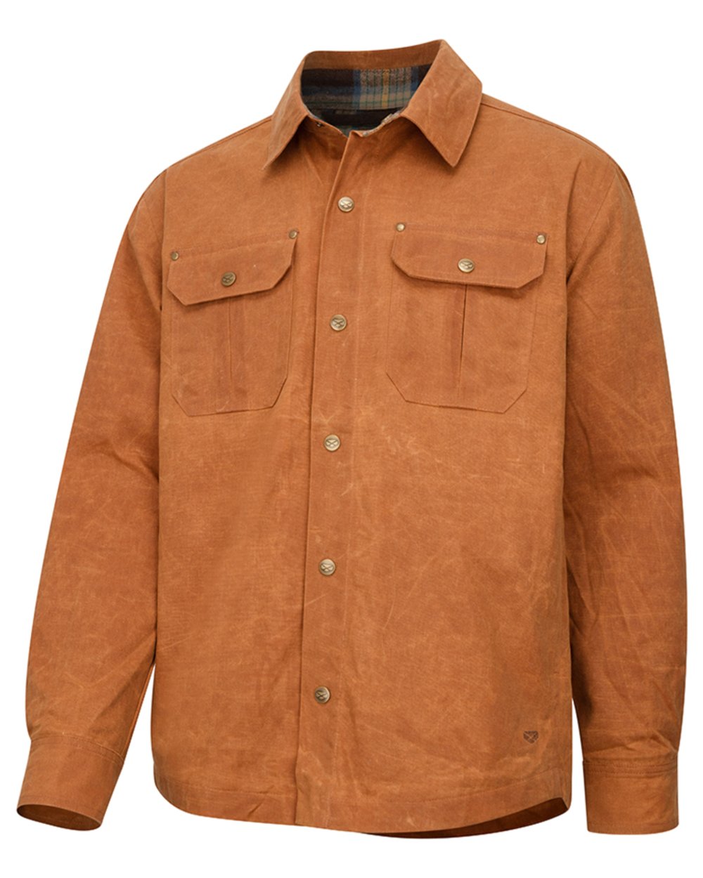 Caramel coloured Hoggs of Fife Mens Huntly Waxed Canvas Utility Overshirt on white background #colour_caramel