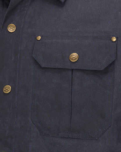 Midnight Navy Coloured Hoggs of Fife Mens Huntly Waxed Canvas Utility Overshirt on white background #colour_midnight-navy
