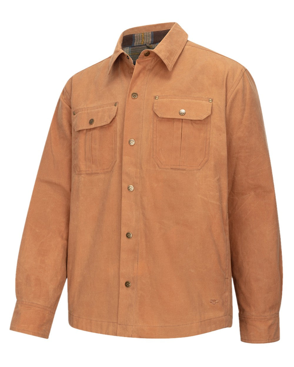 Tan Coloured Hoggs of Fife Mens Huntly Waxed Canvas Utility Overshirt on white background #colour_tan