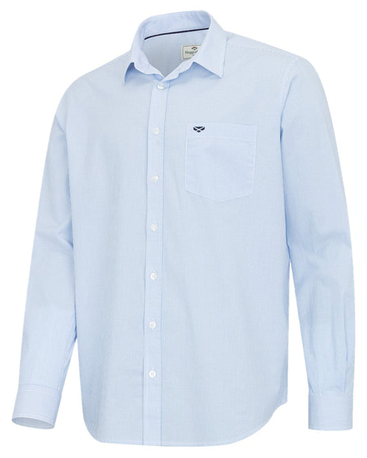 Blue White Coloured Hoggs of Fife Mens Ingliston Stretch Stripe Shirt on white background #colour_blue-white