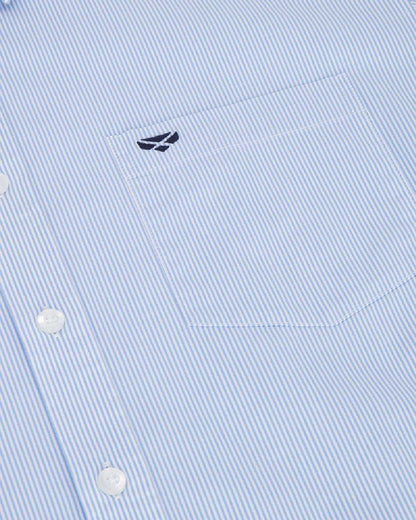 Blue White Coloured Hoggs of Fife Mens Ingliston Stretch Stripe Shirt on white background #colour_blue-white