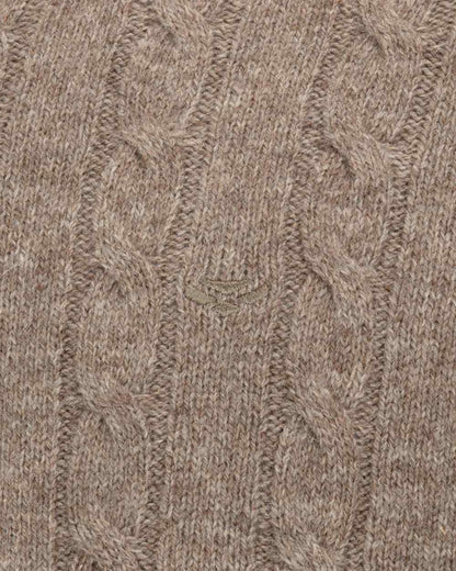 Oatmeal Marl Coloured Hoggs of Fife Mens Jedburgh II Cable Pullover on outdoor background #colour_oatmeal-marl