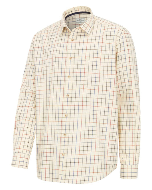 Barley Coloured Hoggs of Fife Mens Laird Premier Tattersall Shirt on white background #colour_barley