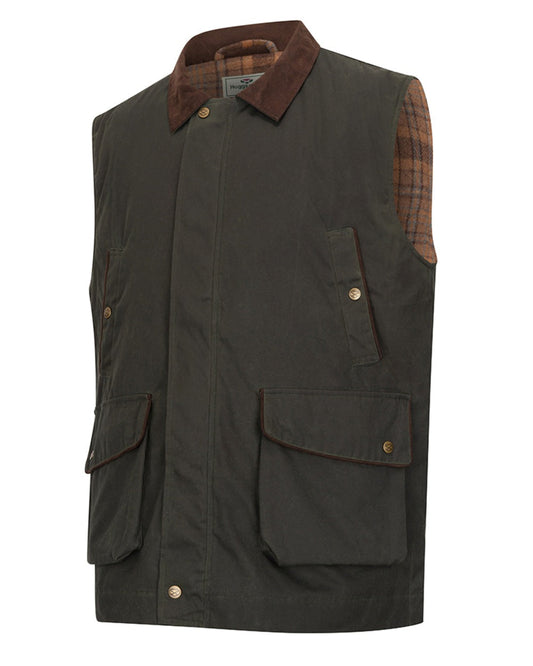 Olive Coloured Hoggs of Fife Mens Maxton Padded Waxed Waistcoat on white background #colour_olive