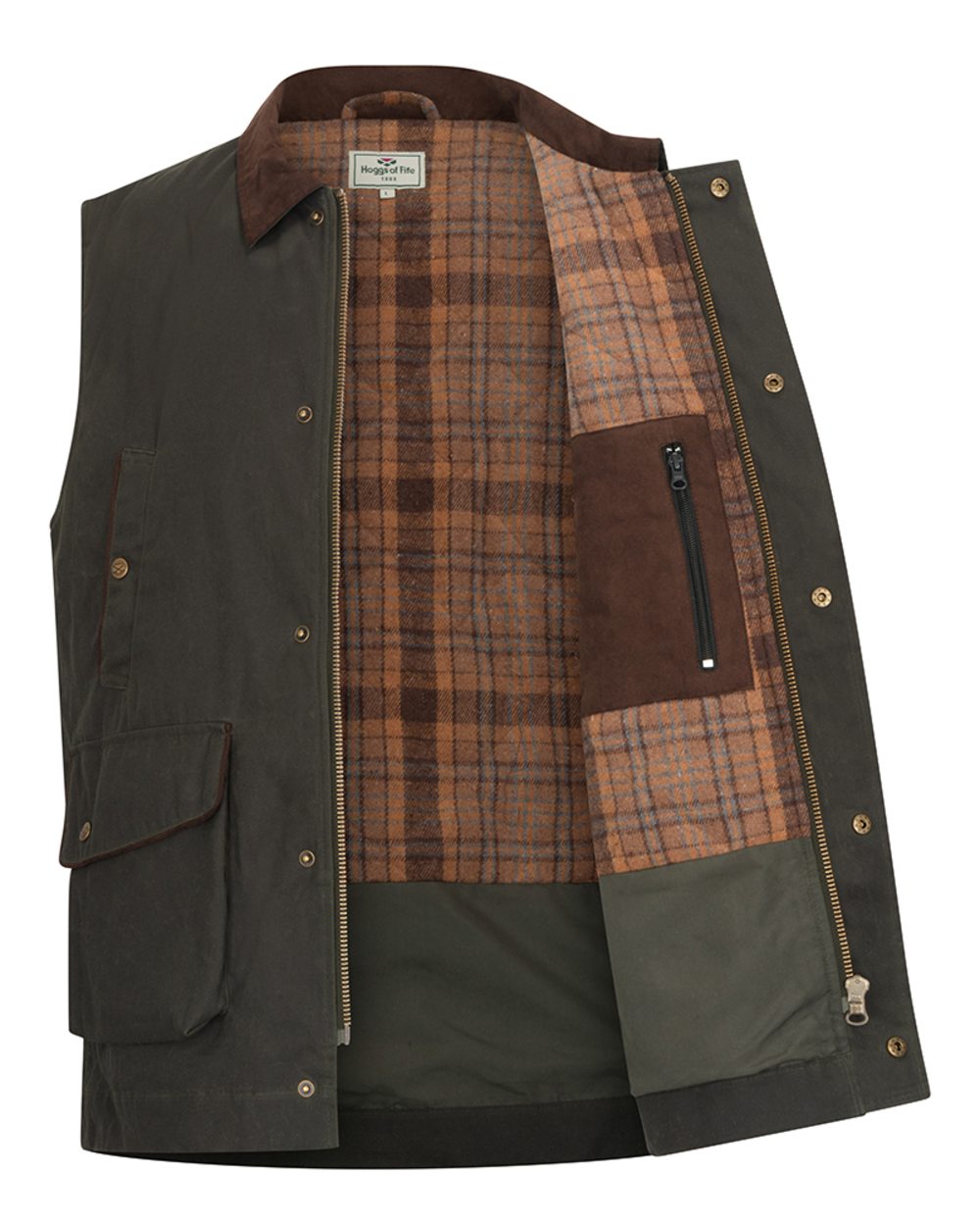 Olive Coloured Hoggs of Fife Mens Maxton Padded Waxed Waistcoat on white background #colour_olive