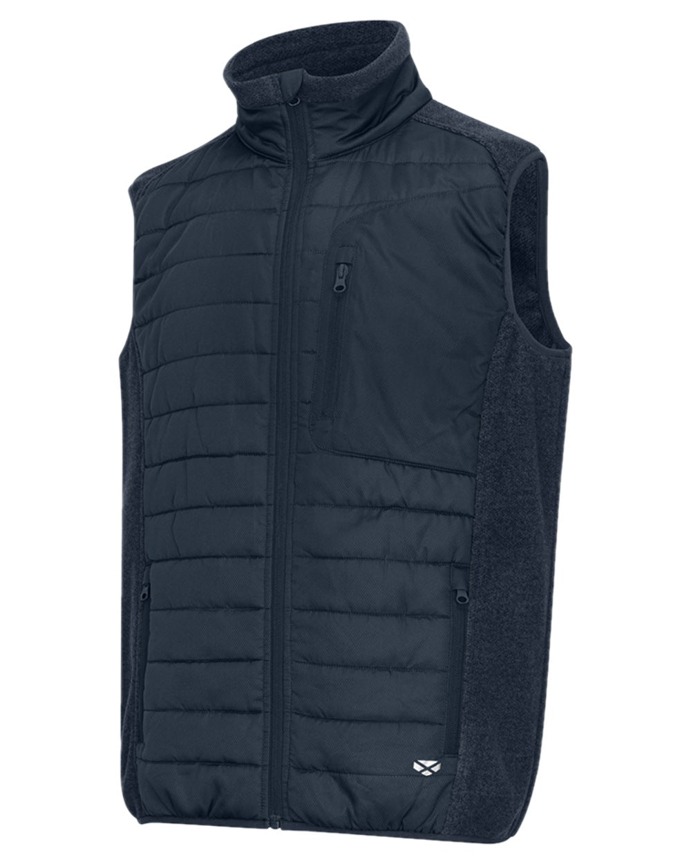 Midnight Navy Marl Coloured Hoggs of Fife Mens Melville Hybrid Gilet on white background #colour_midnight-navy-marl