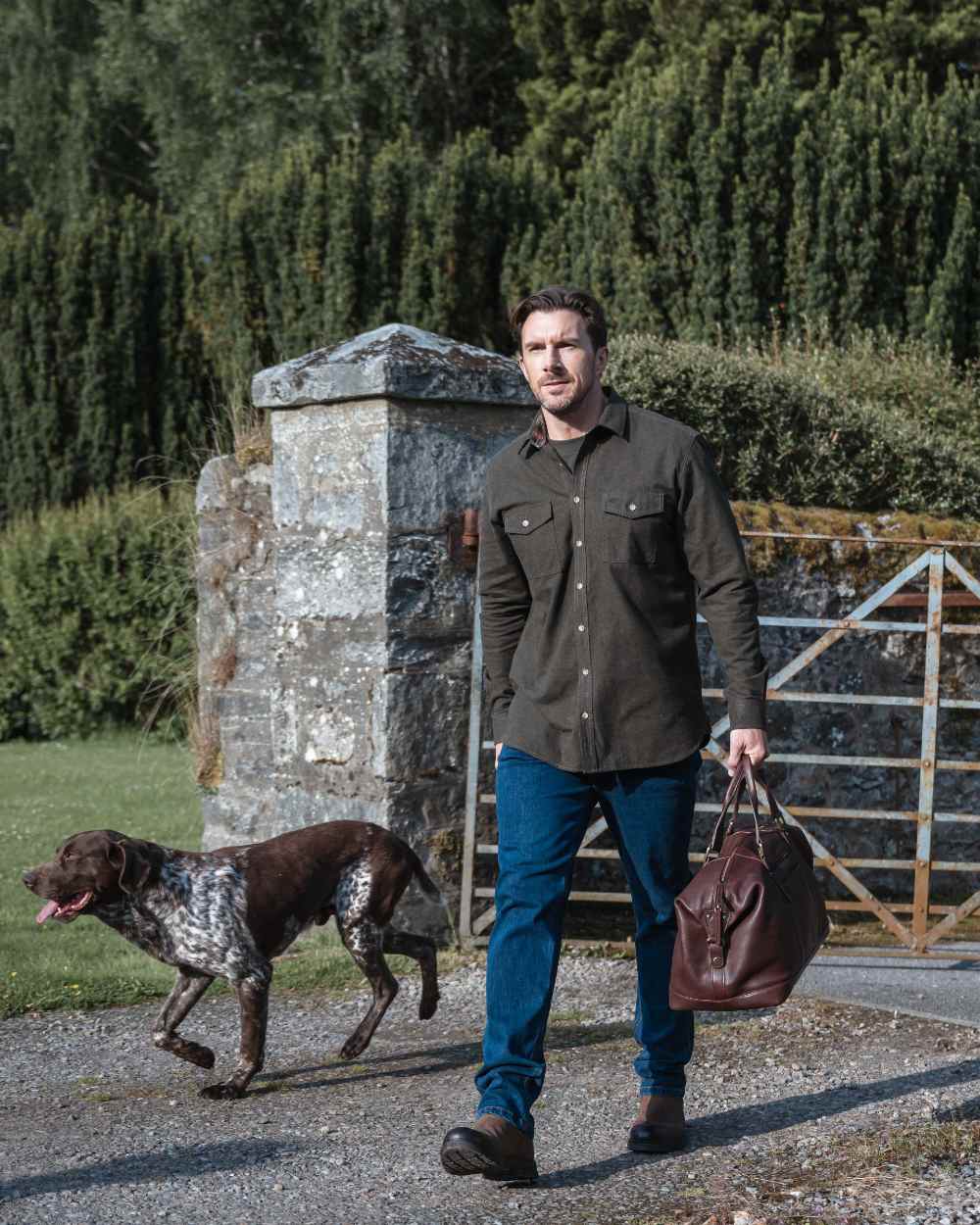 Loden Marl Coloured Hoggs of Fife Mens Moy Moleskin Shirt on outdoor background #colour_loden-marl