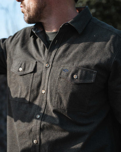 Loden Marl Coloured Hoggs of Fife Mens Moy Moleskin Shirt on outdoor background #colour_loden-marl