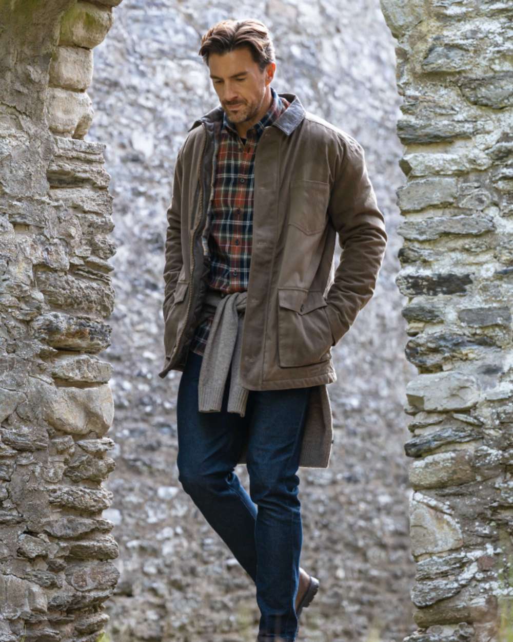 Green Rust Check Coloured Hoggs of Fife Mens Pitcairn Flannel Check Shirt on outdoor background #colour_green-rust-check